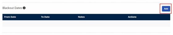 Partial image of the Authorization page showing the Blackout Dates section with the Add button at right highlighted